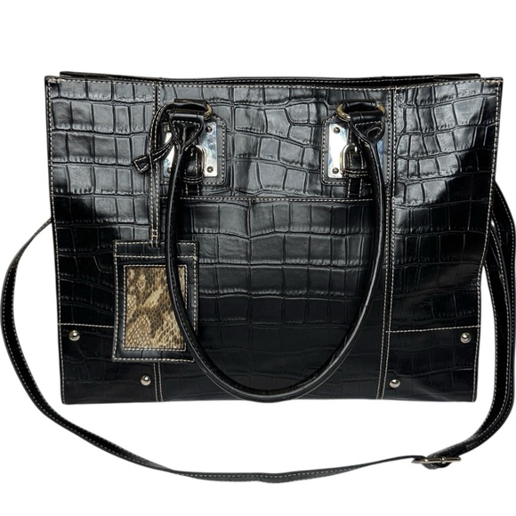 Wilsons Leather Handbags - Wilsons Leather Black Croc-Embossed Tote Bag with Snake Print Accents